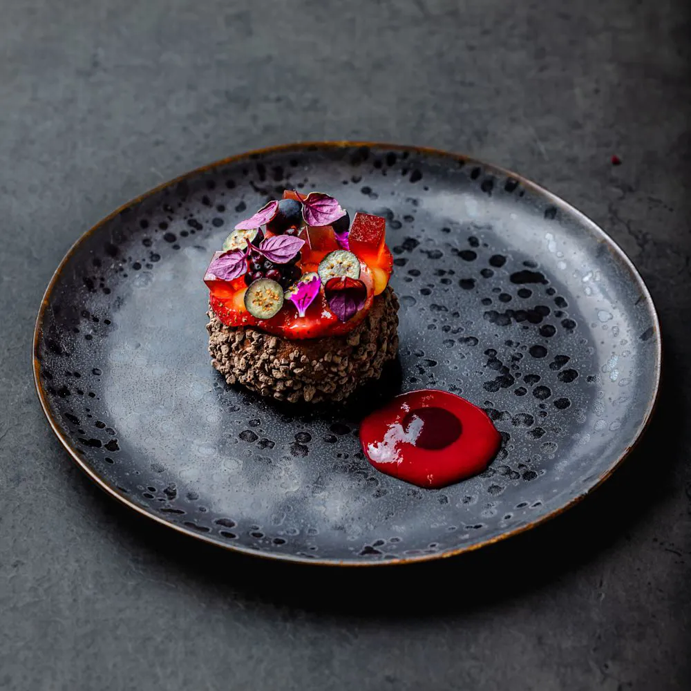 Crimson Red Mousse, Rose Blush Gelee and Berries Dessert